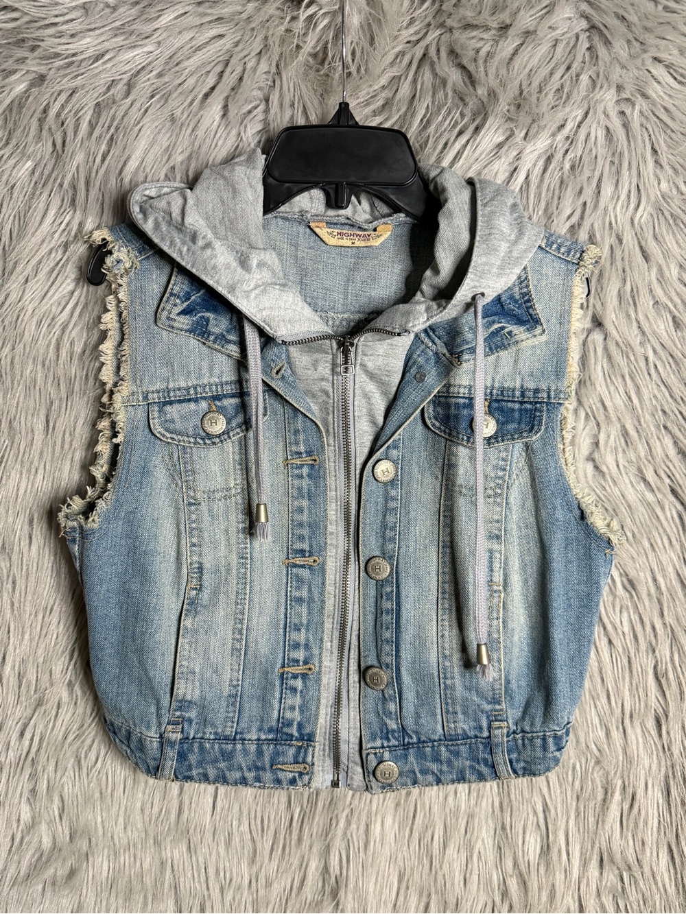 Highway Jeans Light Blue Denim Hooded Vest with Gray Hood